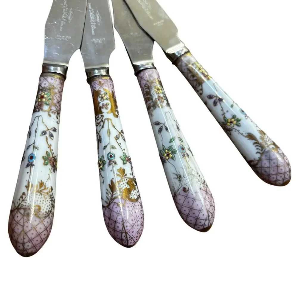 Vintage Hand Painted Pink Porcelain Handle Sheffield stainless steel knives (4)